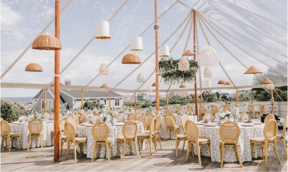 clear tent with various lighting fixtures